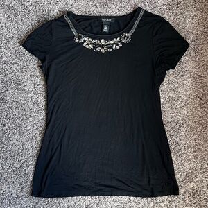 White House Black Market Black Short Sleeve Tee with Jeweled Neckline